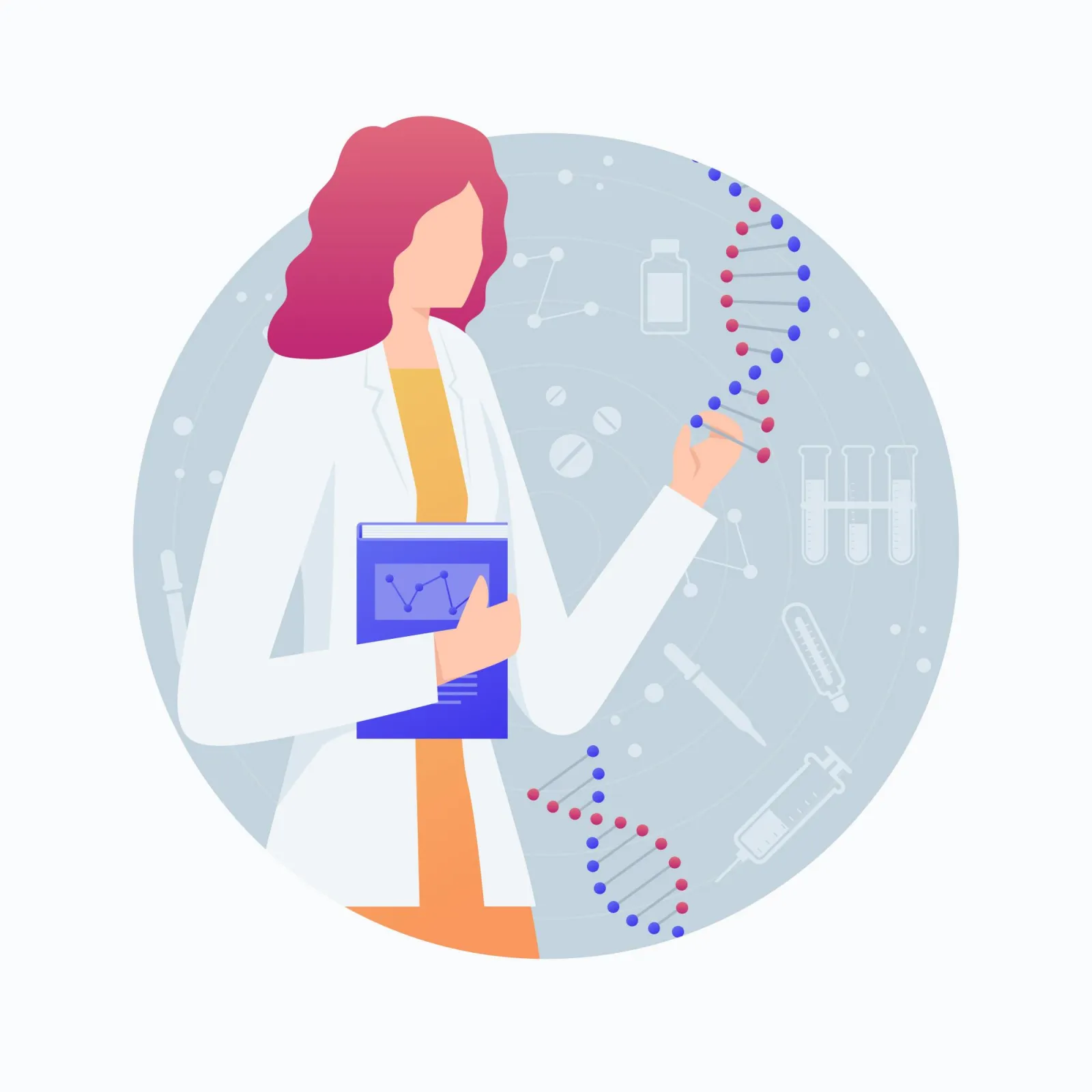 Imagen de doctora con figuras de ADN